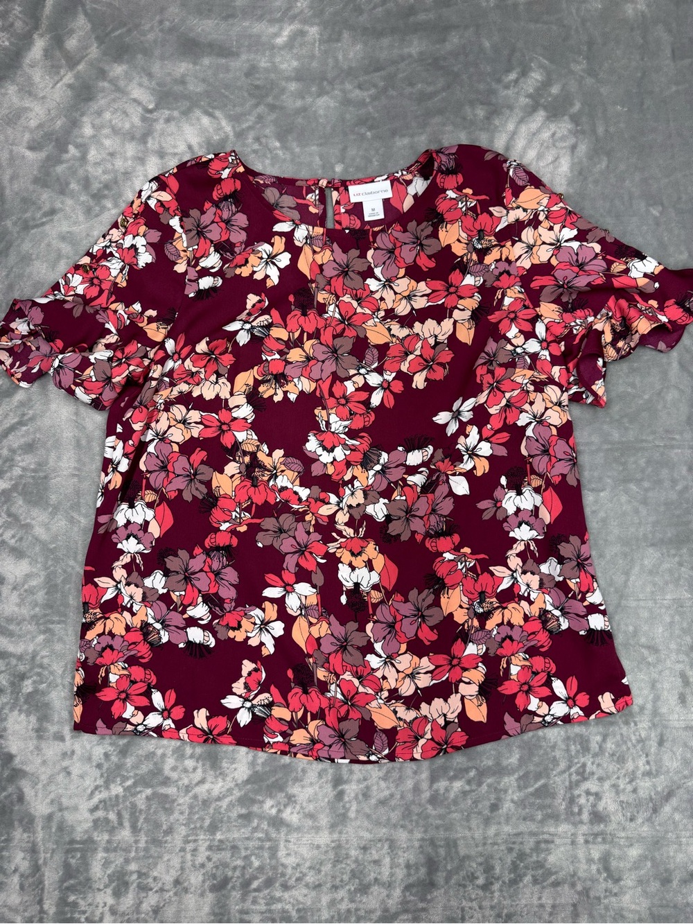 Liz Claiborne Burgundy Floral Ruffle Short Sleeve Blouse